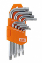 Набор ключей "TORX" с отверстием 9 шт: Т10-Т50 держатель в блистере, CR-V сталь "Алмаз" TDM SQ1021-0102